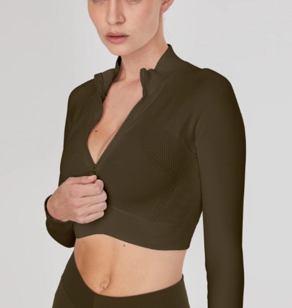 NEW JOJA Women's Army Green The Exhale Long Sleeve Cropped Half Zip Size S